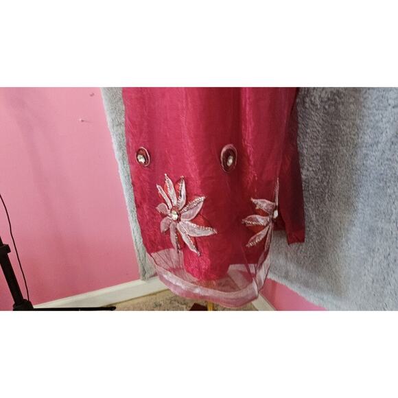 VTG Indian Bollywood Kurta Dress Kameez Hippie Boho Red Sheer Flowers 42 Large - Picture 4 of 5